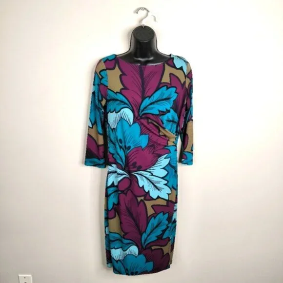 Talbots Jersey Stretch Feminine Floral Tropical Print Faux Wrap Sheath Dress S - Picture 2 of 9
